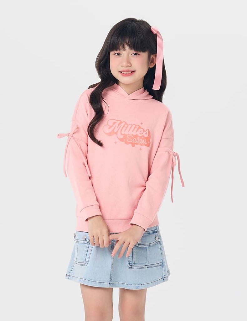 Áo nỉ bé gái có mũ hình in trước ngực