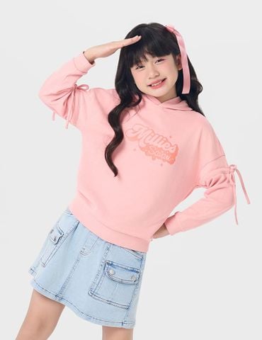 Áo nỉ bé gái có mũ hình in trước ngực