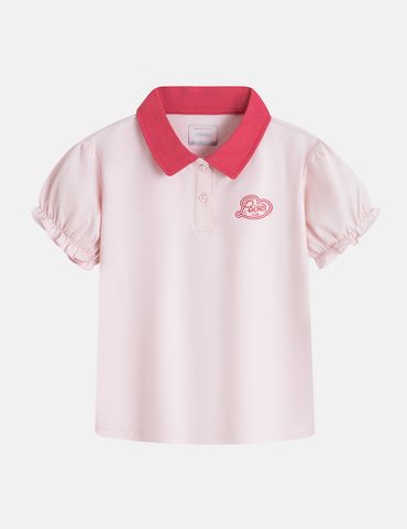 Áo polo bé gái cổ phối khác màu hình in