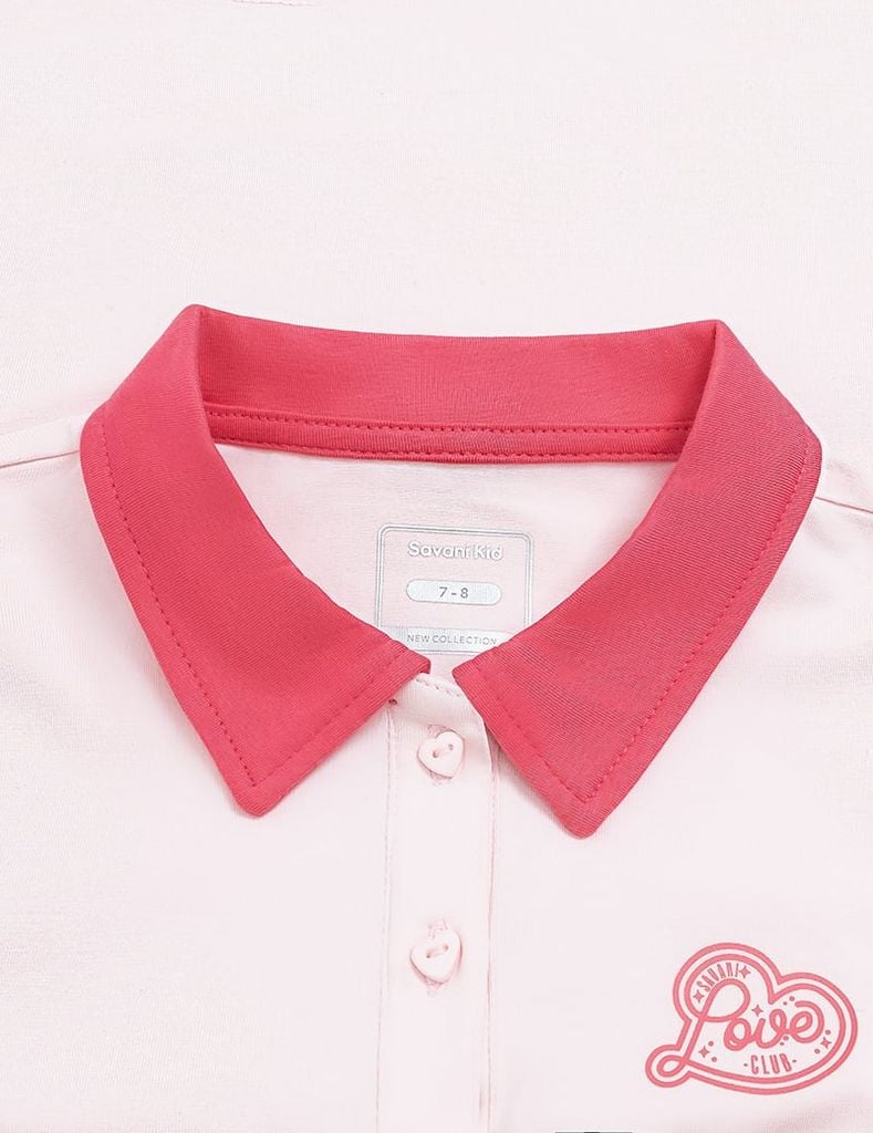 Áo polo bé gái cổ phối khác màu hình in