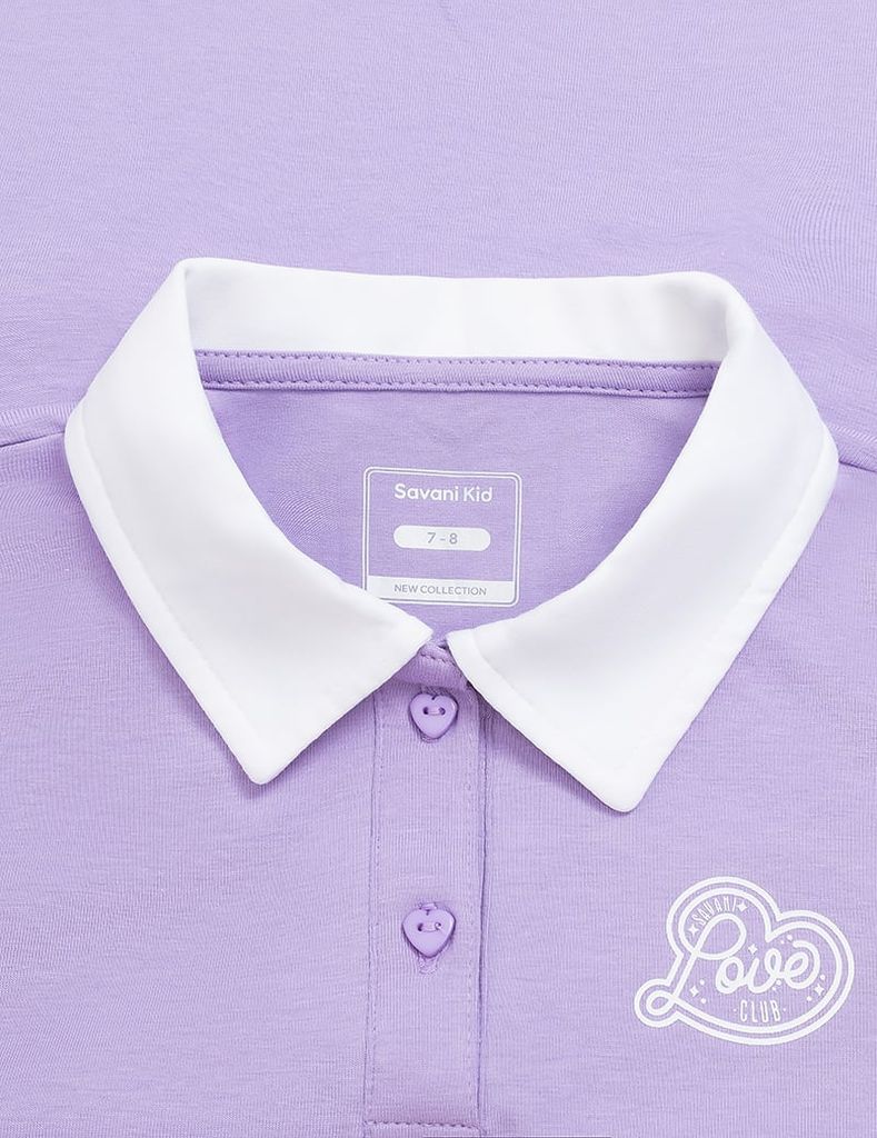 Áo polo bé gái cổ phối khác màu hình in