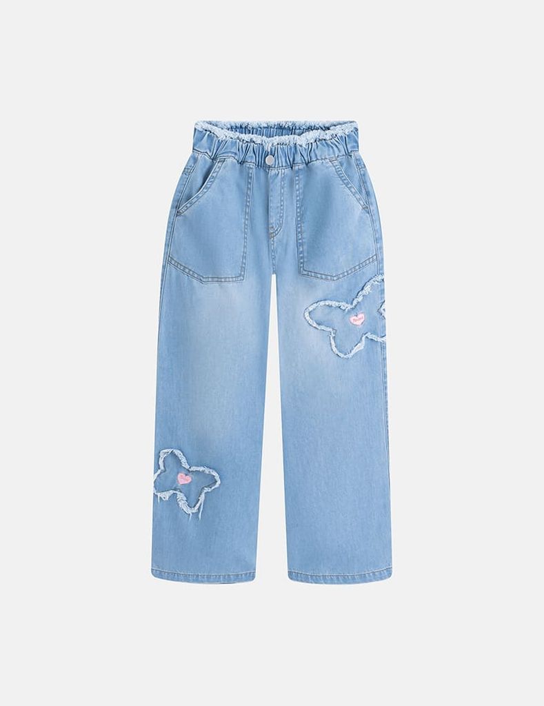 Quần jean bé gái cạp chun ống suông hình thêu thân trước