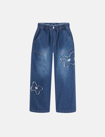 Quần jean bé gái cạp chun ống suông hình thêu thân trước