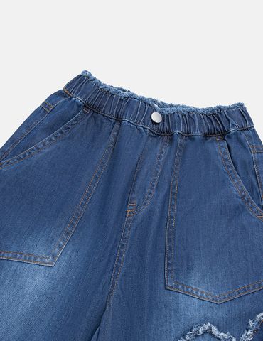 Quần jean bé gái cạp chun ống suông hình thêu thân trước