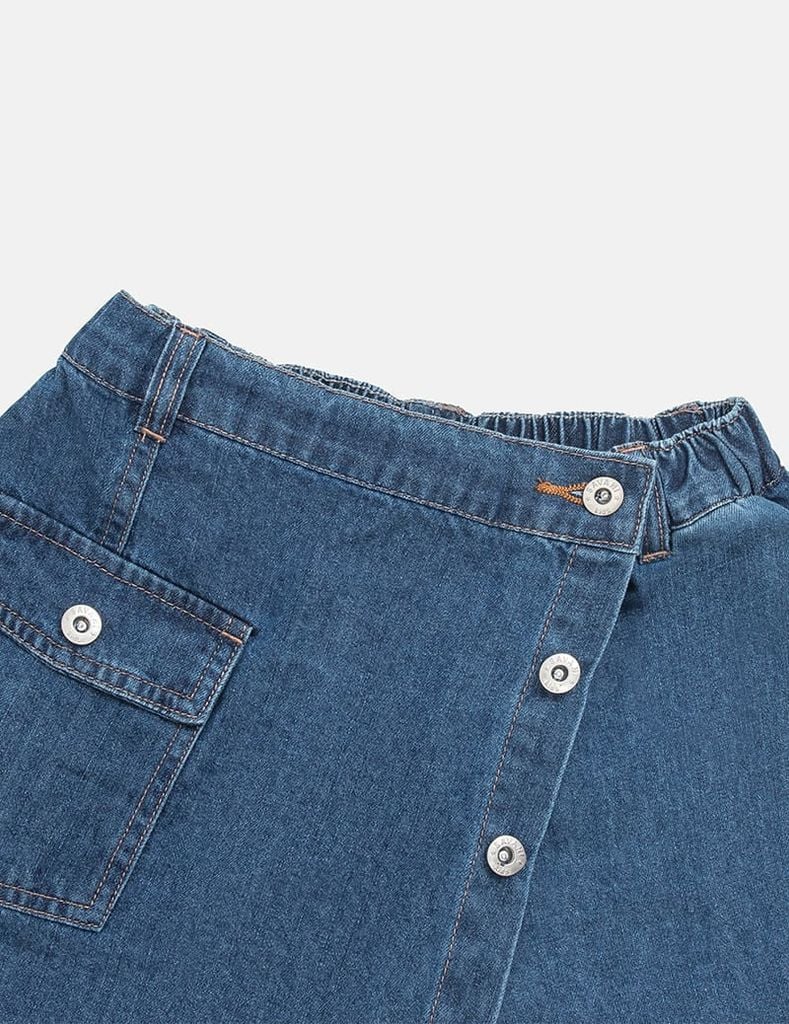 Quần short jean bé gái cạp chun vạt lệch