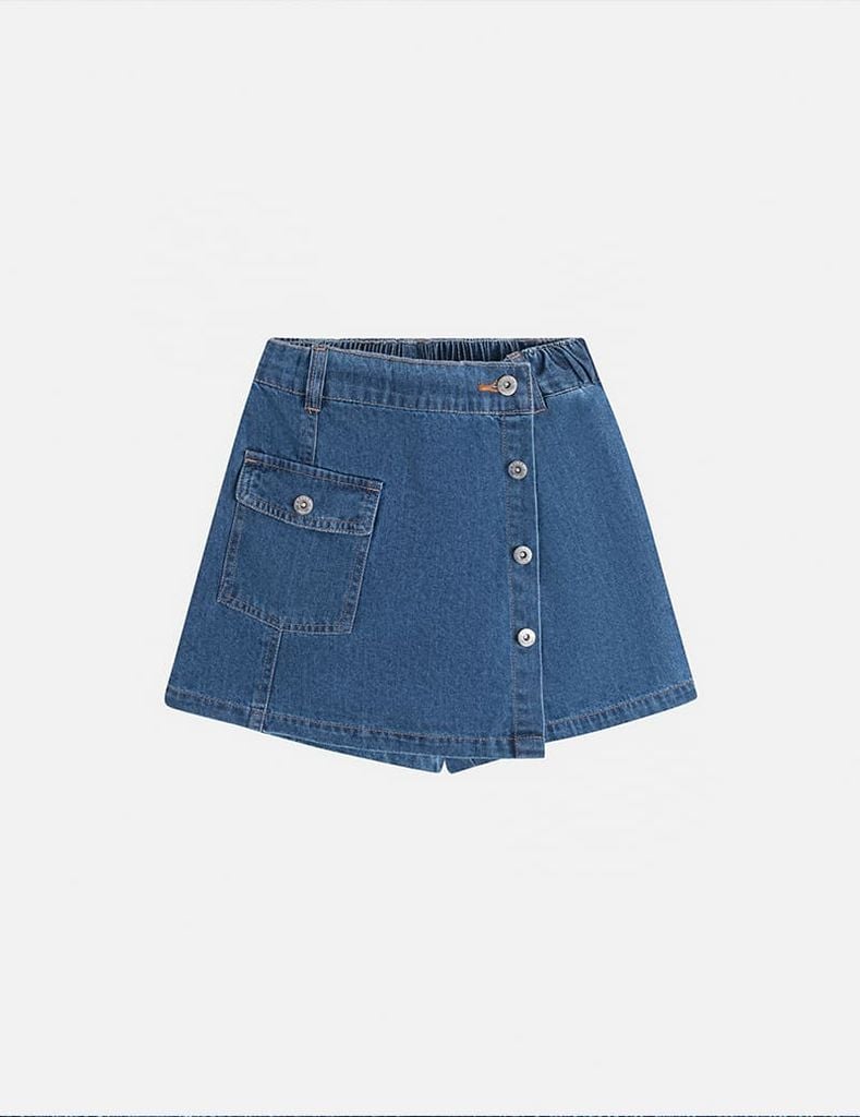 Quần short jean bé gái cạp chun vạt lệch