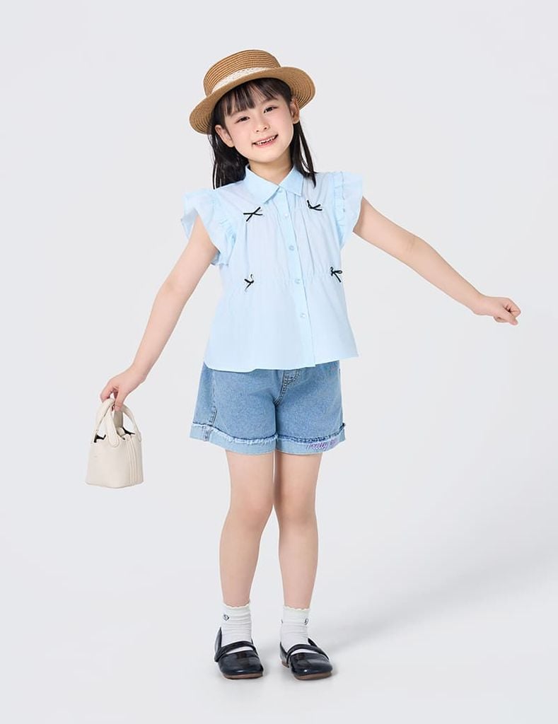 Áo sơ mi ngắn tay trẻ em đính nơ trang trí