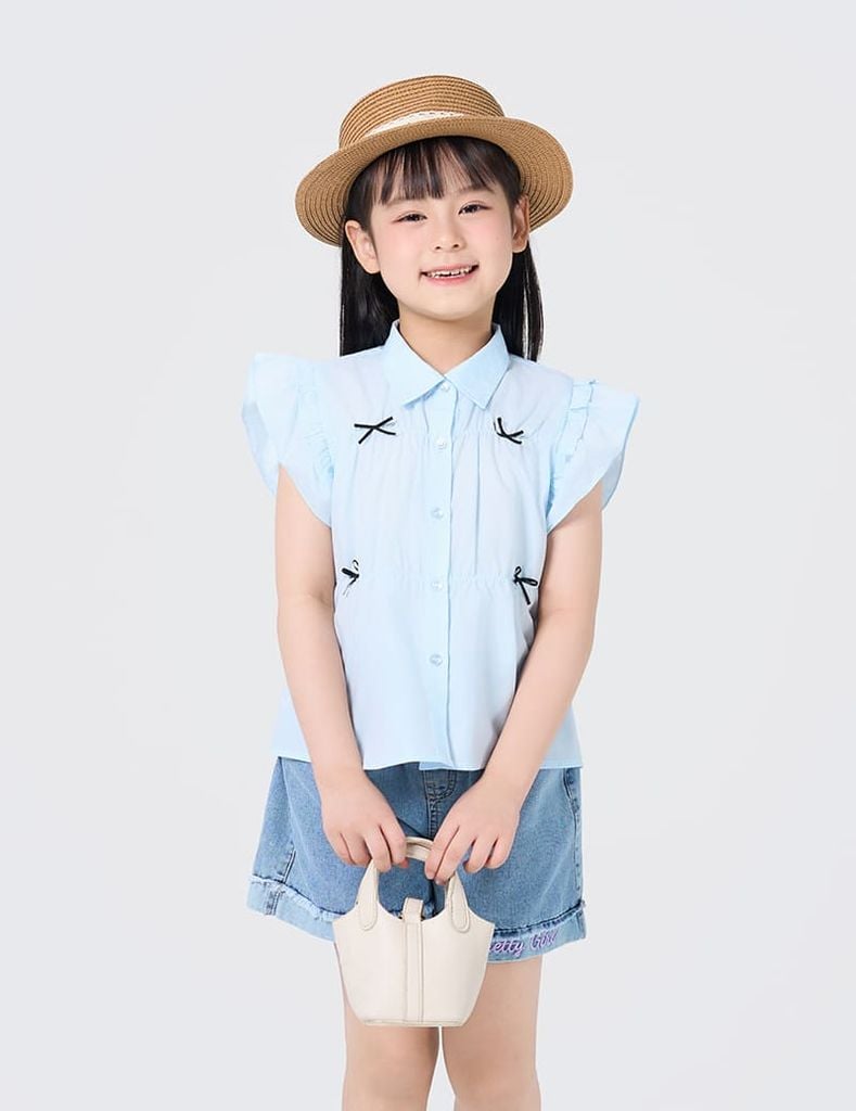 Áo sơ mi ngắn tay trẻ em đính nơ trang trí