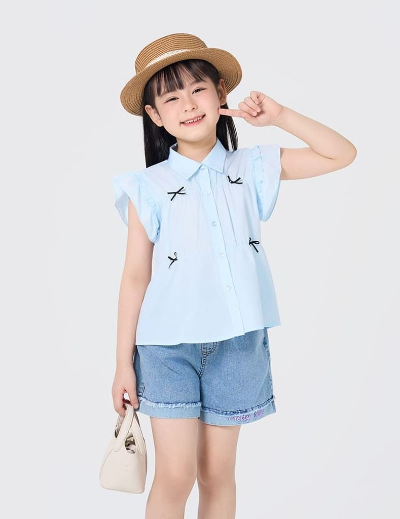 Áo sơ mi ngắn tay trẻ em đính nơ trang trí