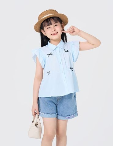 Quần short jean bé gái cạp chun trang trí nơ