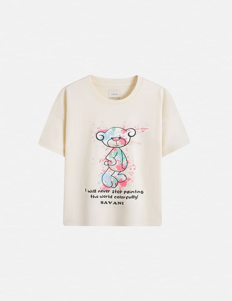 Áo T-shirt bé gái hình in trước ngực dáng suông rộng