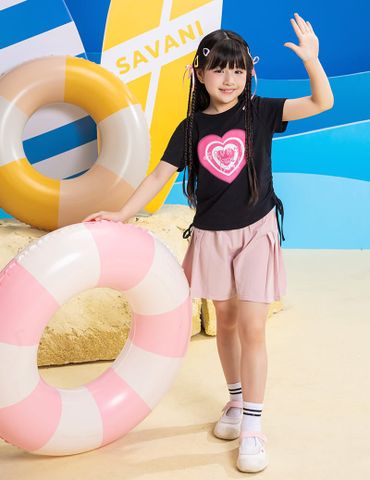 Áo thun ngắn tay bé gái cổ tròn hình in trước ngực