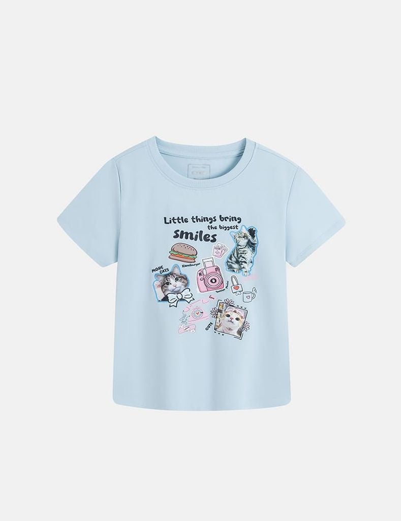 Áo thun ngắn tay cổ tròn bé gái hình in trước ngực