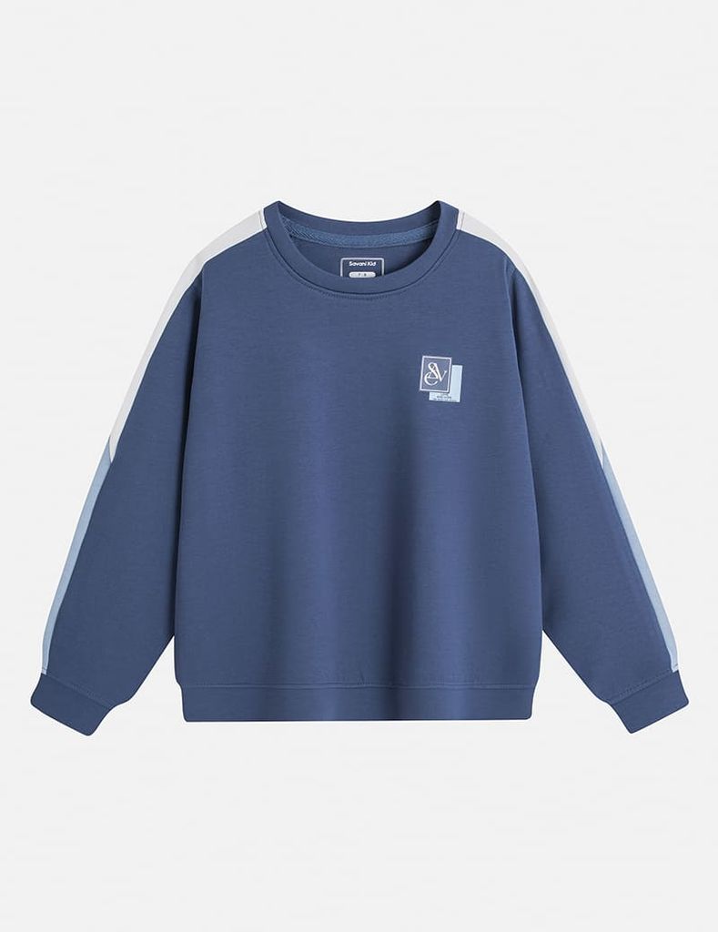 Áo nỉ cổ tròn trẻ em phối dọc 2 bên tay in logo trước ngực