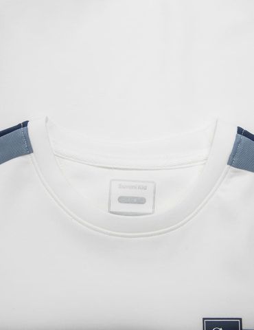 Áo nỉ cổ tròn trẻ em phối dọc 2 bên tay in logo trước ngực