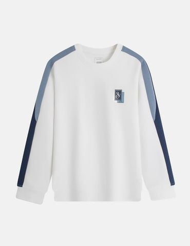 Áo nỉ cổ tròn trẻ em phối dọc 2 bên tay in logo trước ngực