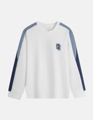 Áo nỉ cổ tròn trẻ em phối dọc 2 bên tay in logo trước ngực