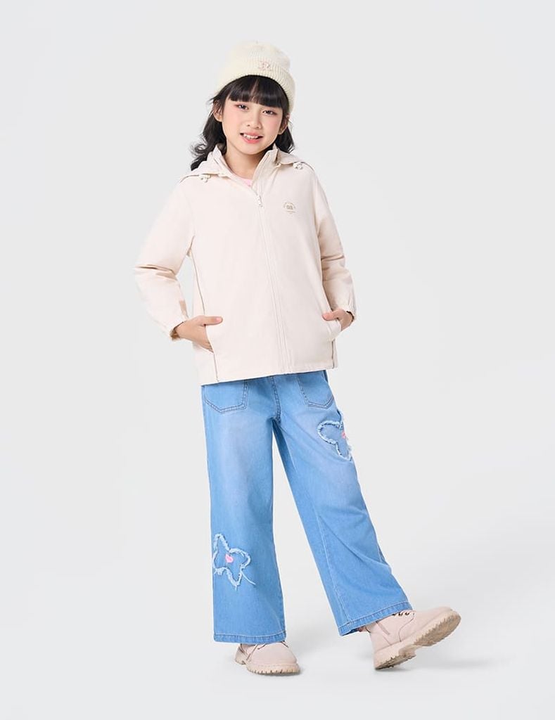 Áo khoác gió có mũ trẻ em hình in trước ngực