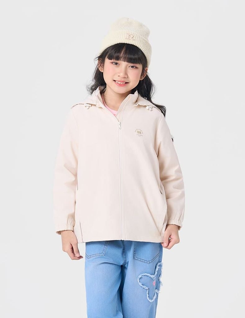 Áo khoác gió có mũ trẻ em hình in trước ngực