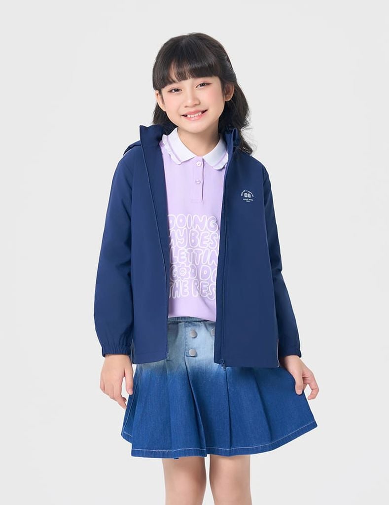 Áo khoác gió có mũ trẻ em hình in trước ngực