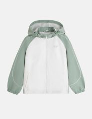 Áo gió có mũ trẻ em phối tay thân in logo trước ngực