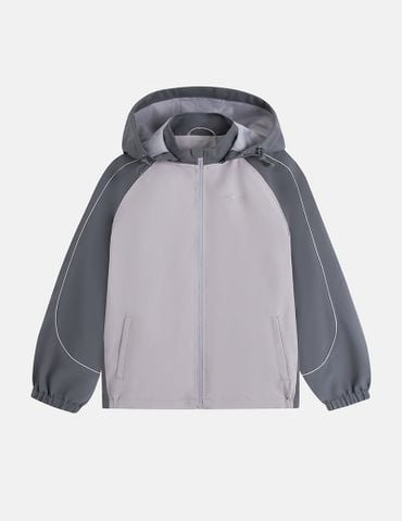 Áo gió có mũ trẻ em phối tay thân in logo trước ngực