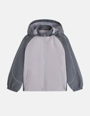 Áo gió có mũ trẻ em phối tay thân in logo trước ngực