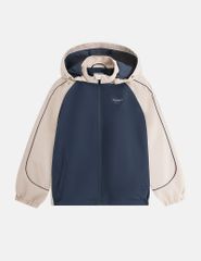 Áo gió có mũ trẻ em phối tay thân in logo trước ngực