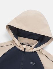 Áo gió có mũ trẻ em phối tay thân in logo trước ngực