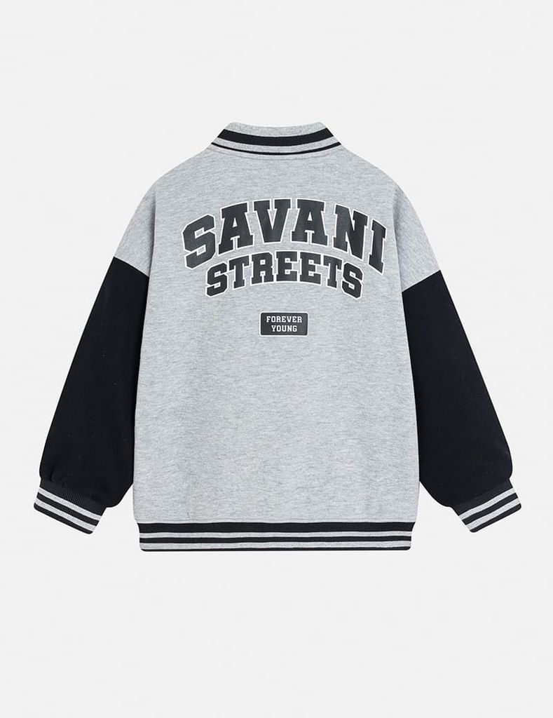 Áo khoác bomber trẻ em phối tay hình in trước ngực