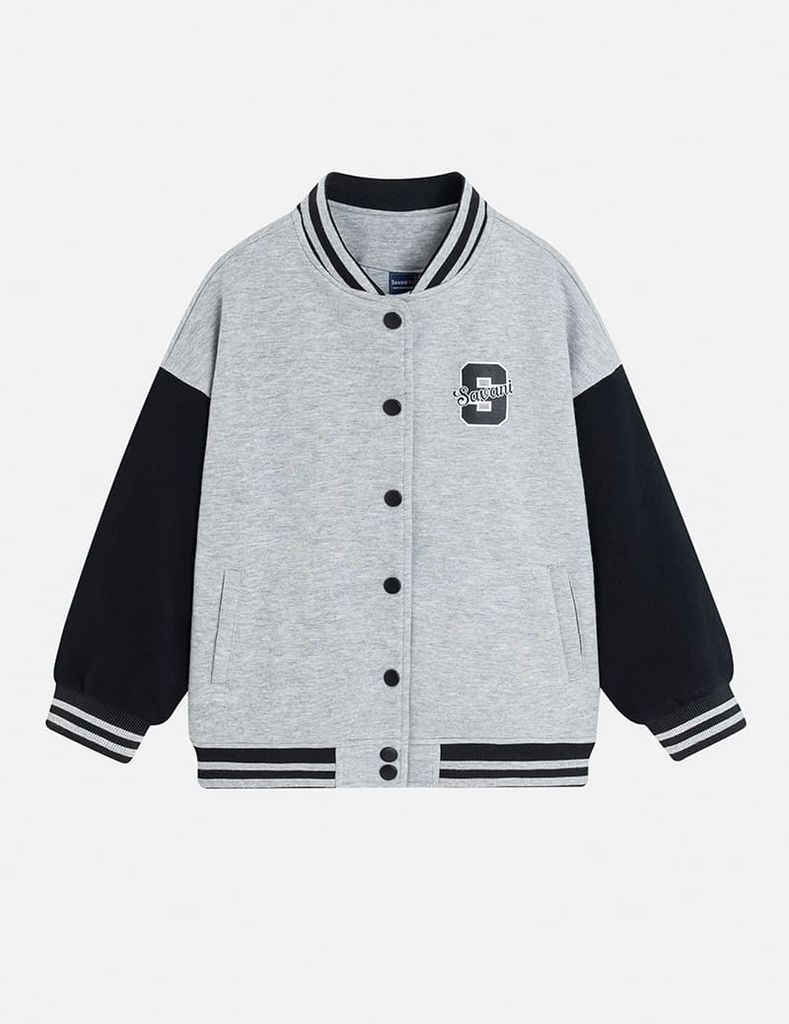 Áo khoác bomber trẻ em phối tay hình in trước ngực