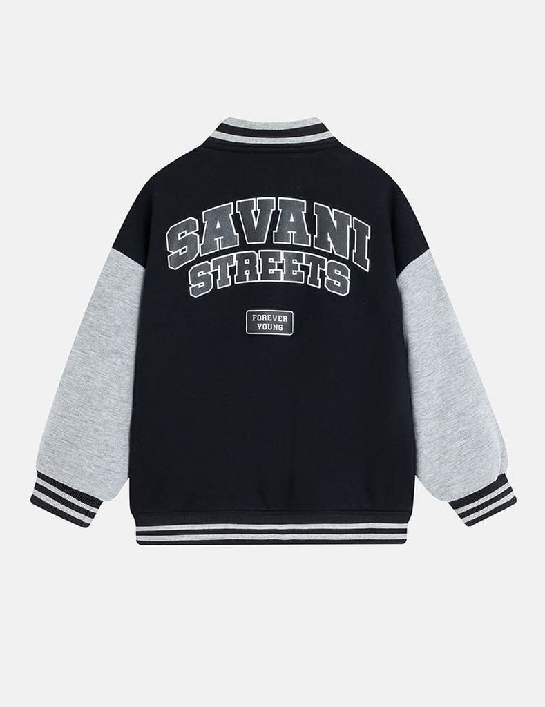 Áo khoác bomber trẻ em phối tay hình in trước ngực