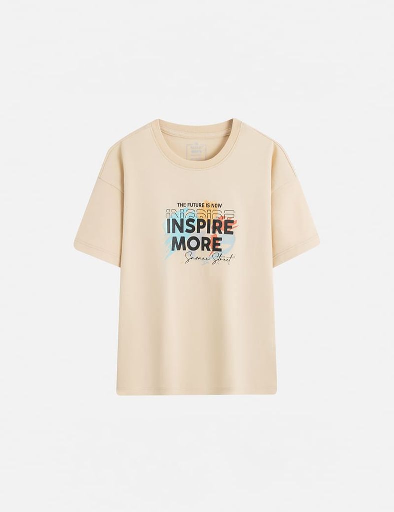 Áo thun ngắn tay trẻ em cổ bo rib hình in cao su nổi bật dáng suông rộng