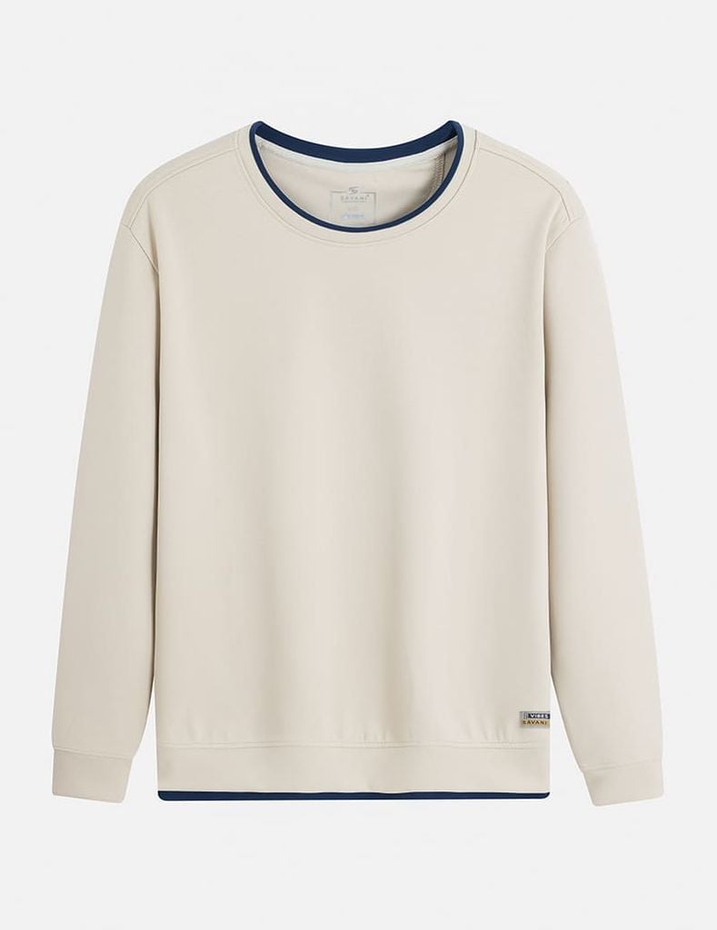 Áo nỉ cổ tròn nam đính mác dệt trên gấu