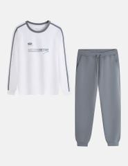 Bộ nỉ cổ tròn nam phối dọc 2 tay hình in trước ngực