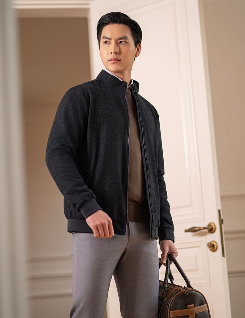 Áo khoác dạ nam cổ đứng mác da sau lưng