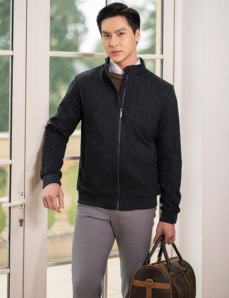 Áo khoác dạ nam cổ đứng mác da sau lưng