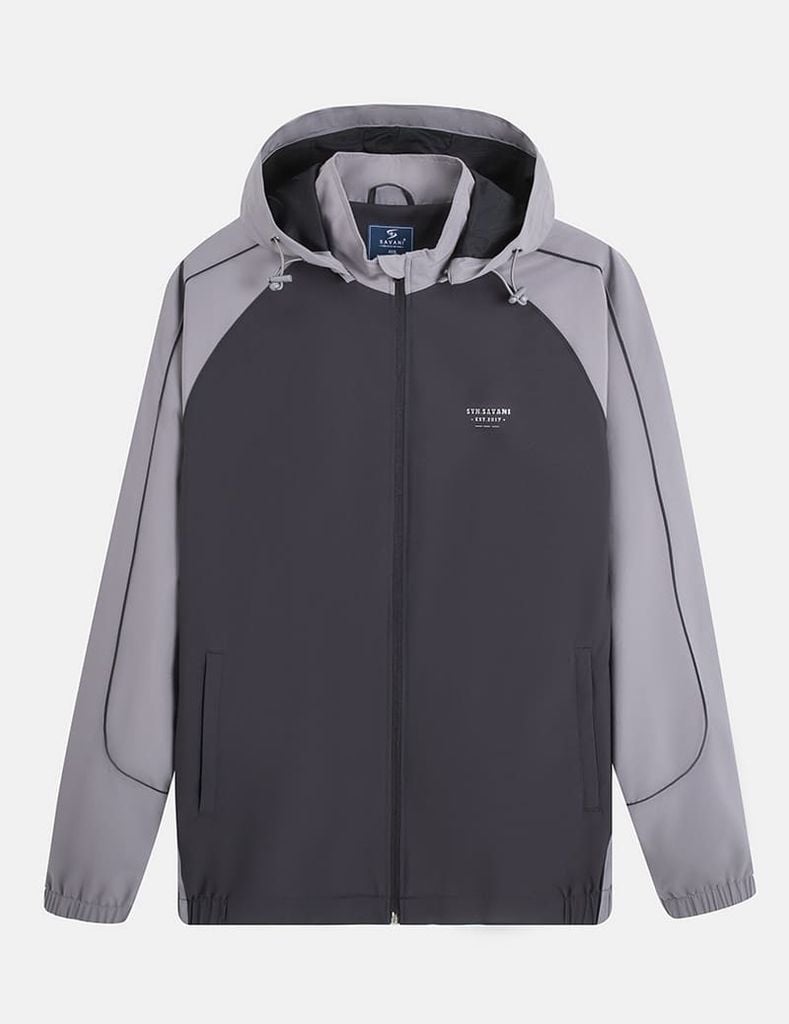 Áo gió có mũ nam phối tay thân in logo trước ngực