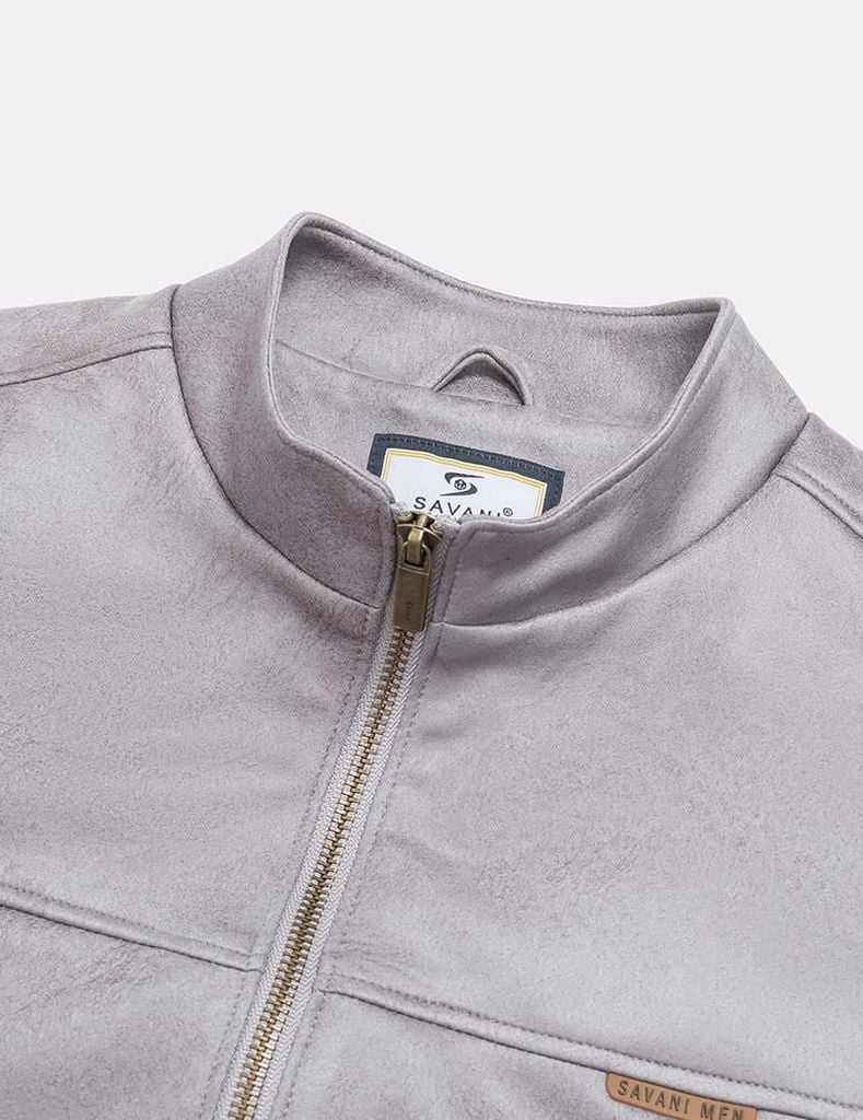 Áo khoác da lộn nam cổ dựng