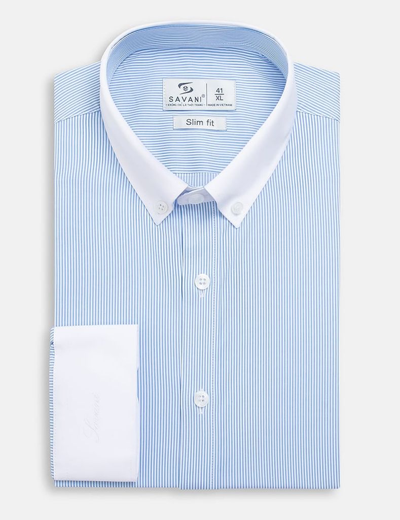 Áo sơ mi dài tay nam tà lượn không túi cổ phối màu