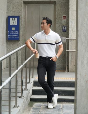 Áo polo ngắn tay nam phối kẻ thân trước