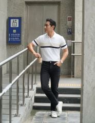 Áo polo ngắn tay nam phối kẻ thân trước