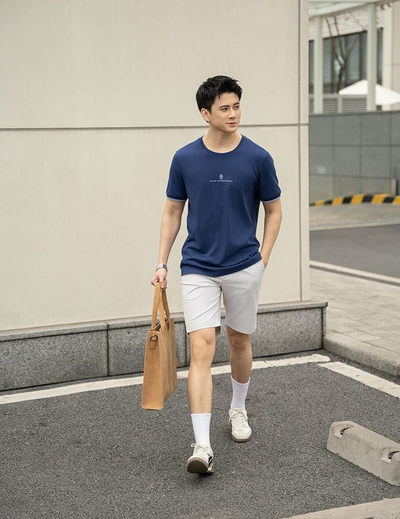 Áo thun ngắn tay nam cổ tròn tay phối bo line