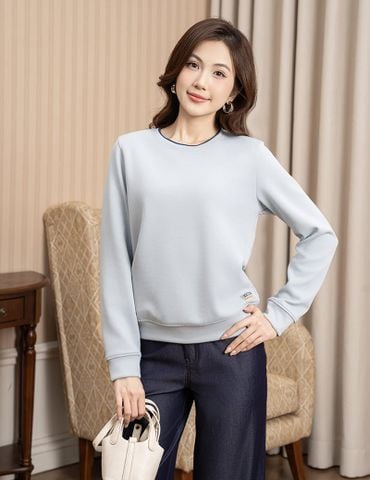 Áo nỉ cổ tròn nữ đính mác dệt trên gấu