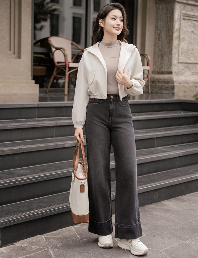 Áo gió nữ có mũ hình in trước ngực