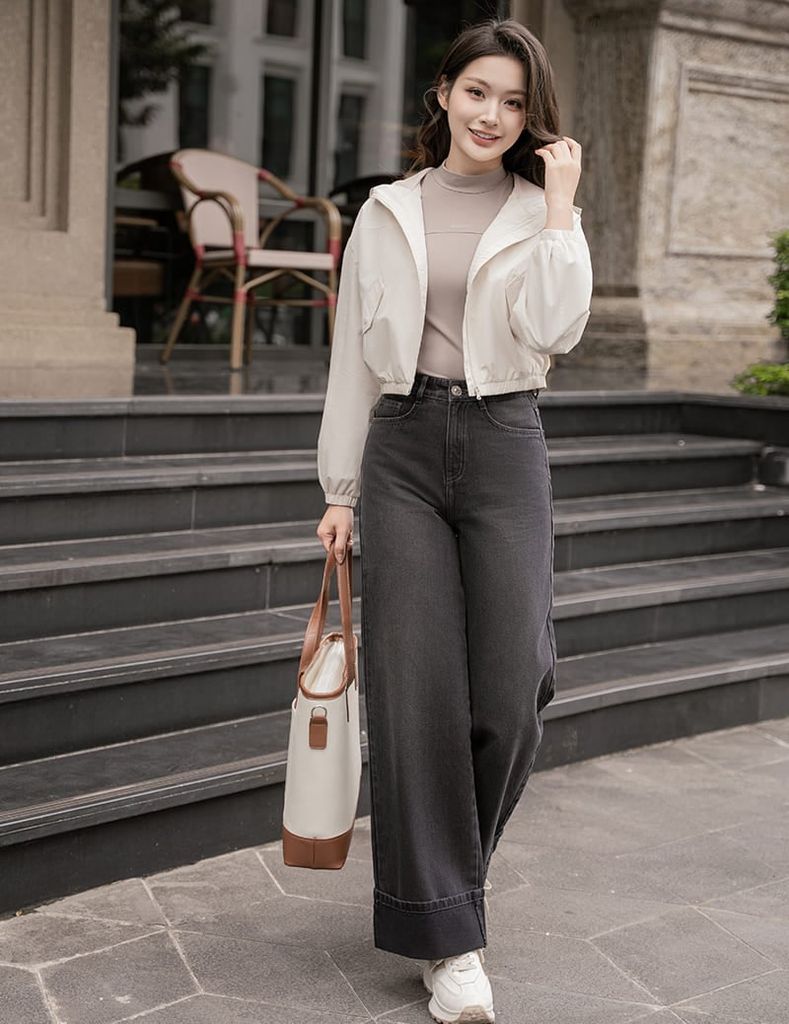 Áo gió nữ có mũ hình in trước ngực