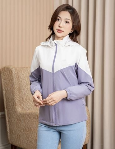 Áo gió nữ có mũ can phối màu hình in trước ngực