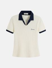 Áo len cổ bẻ nữ cộc tay cổ khác màu