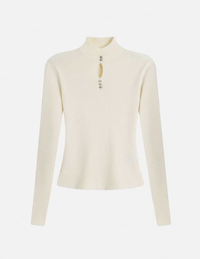 Áo len nữ cổ cao khoét chân cổ đính cúc