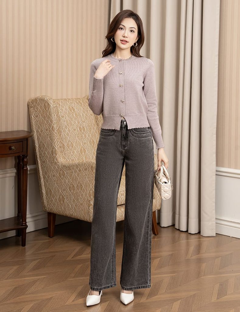 Áo len nữ cổ tròn khuy nơ kim loại